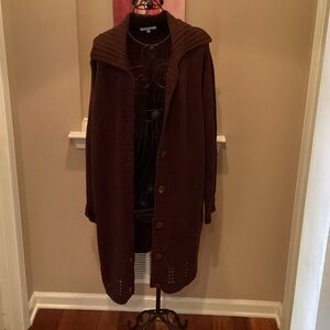 Carol Rose Chocolate Cardigan Sweater. It’s the new color for the fall.